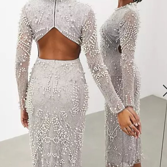 ASOS EDITION pearl embellished bodycon midi dress with cut-out back in p… - Picture 3 of 5